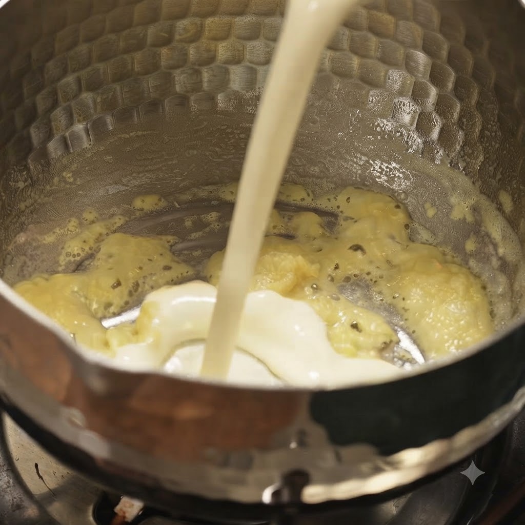 Latte versato in una pentola contenente un roux cotto di burro e farina.