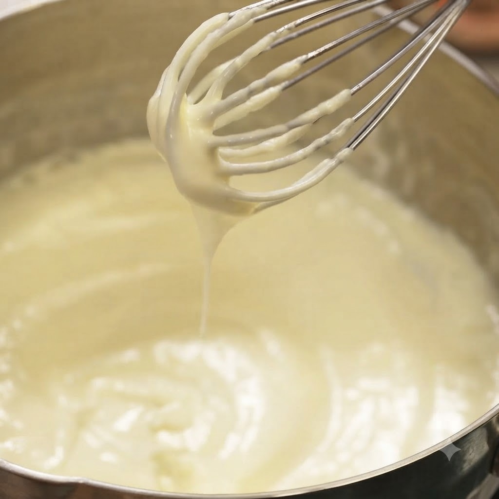 Una frusta ricoperta di una salsa di panna bianca densa e liscia sollevata sopra una pentola.