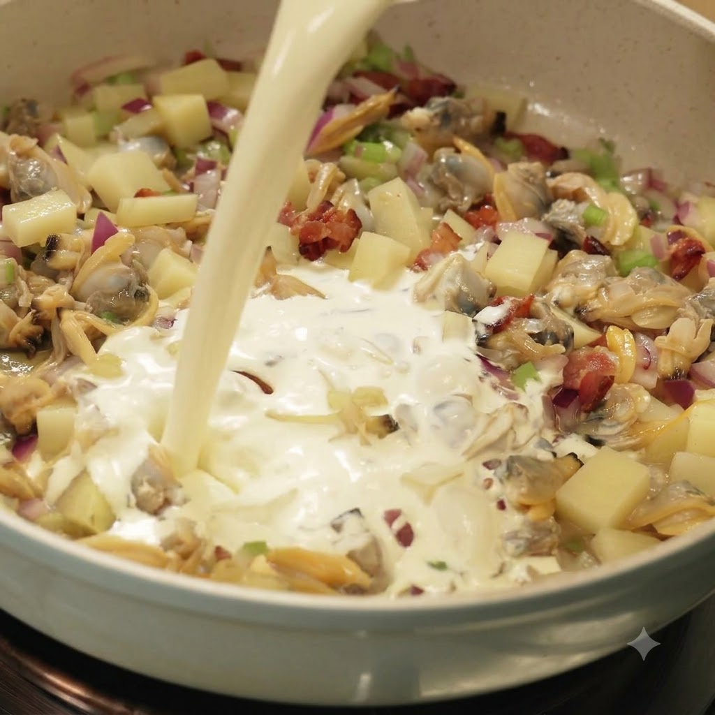 Latte e panna leggera versati da un misurino in una padella piena di verdure saltate, pancetta e vongole.