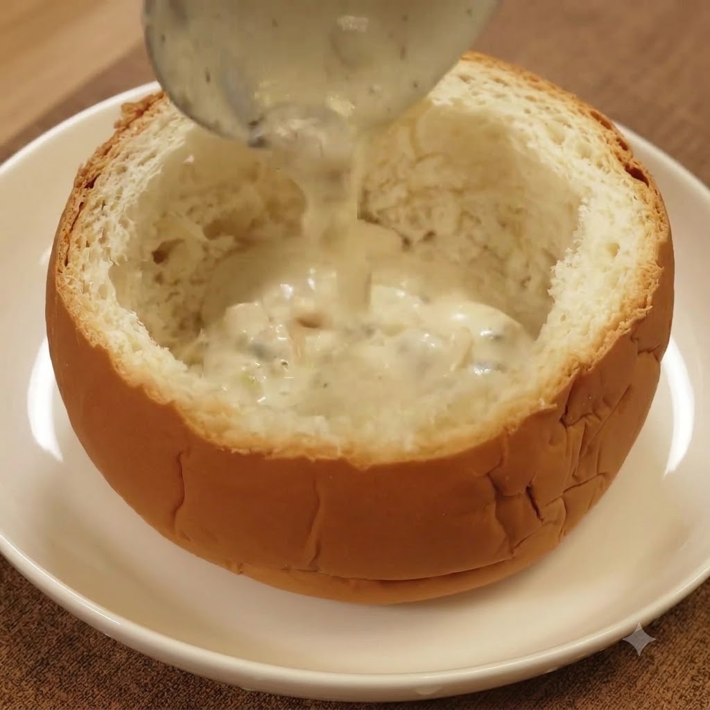 Denso e cremoso chowder di vongole versato con un mestolo in una pagnotta scavata adagiata su un piatto bianco.