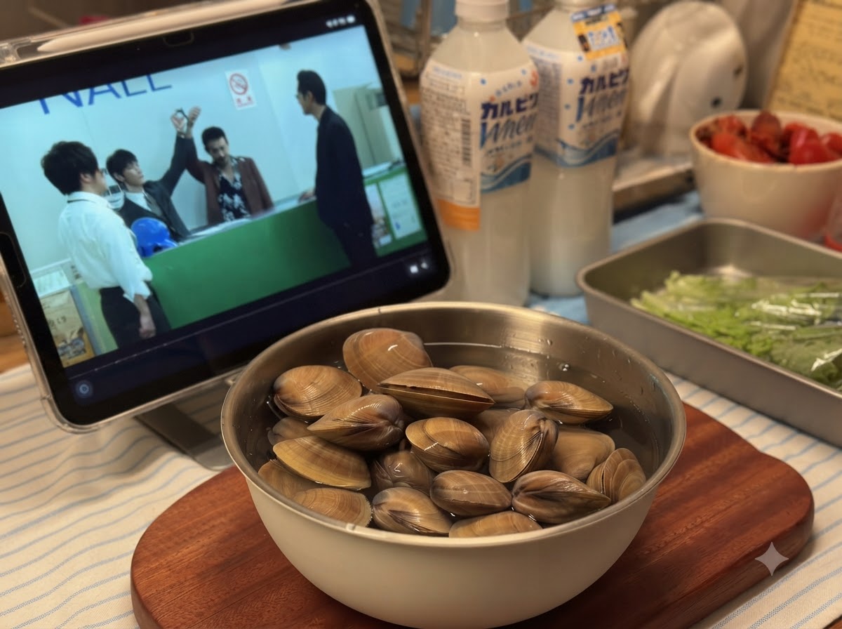 Ciotola di metallo piena dacqua con vongole in ammollo su un tagliere di legno.