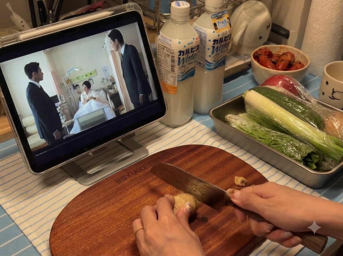 Radice di zenzero affettata sottilmente su un tagliere di legno con un coltello da cucina.