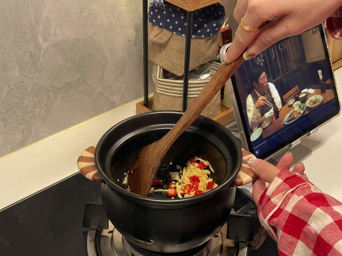 Una spatola di legno mescola aglio e peperoncino in un tegame di ceramica nera sul fornello.