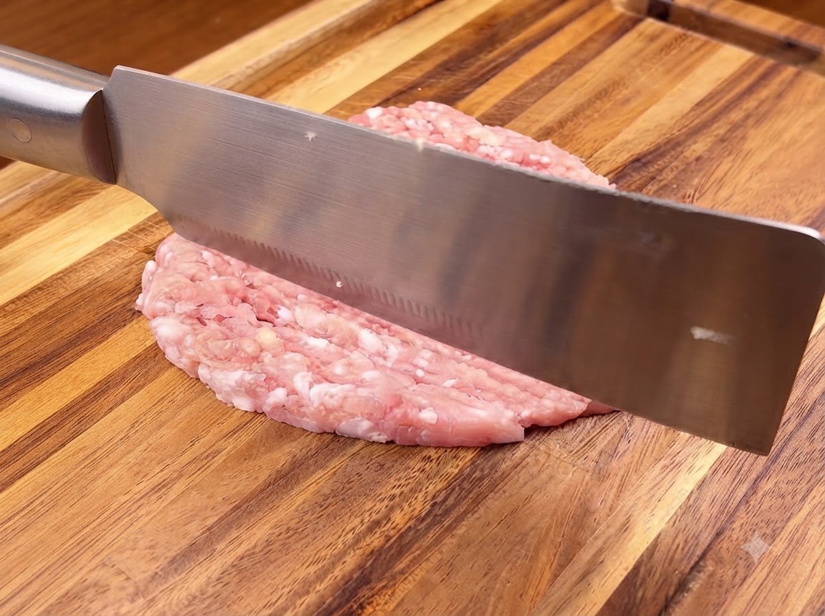 Una mannaia affilata che taglia carne di maiale fresca su un tagliere di legno.
