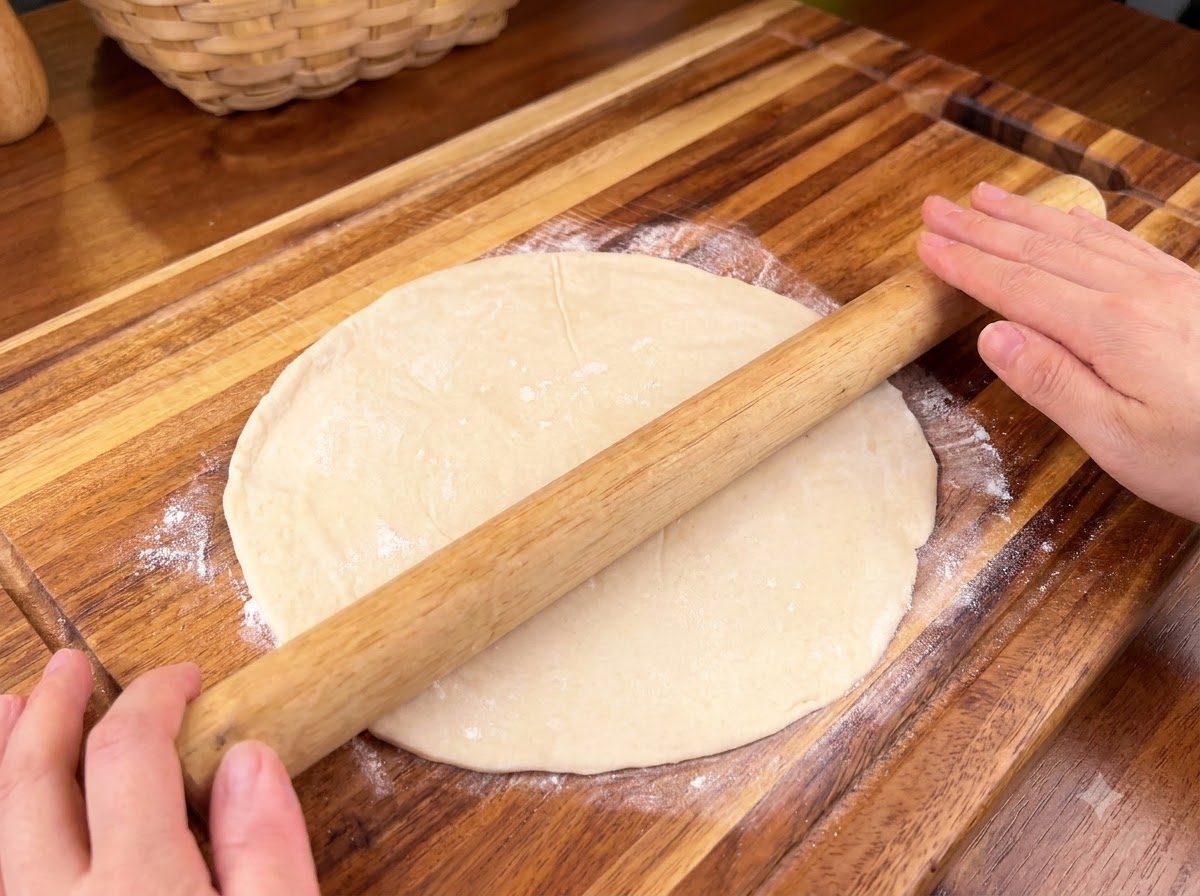 Un cucchiaio di ripieno di carne marinata posizionato al centro di un cerchio di pasta stesa.