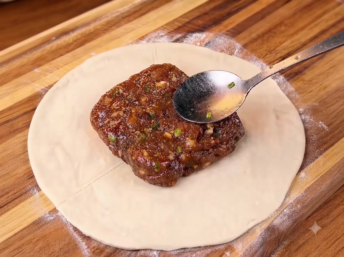 I quattro lati della pasta sfoglia piegati verso linterno per racchiudere il ripieno di carne in un pacchetto quadrato.