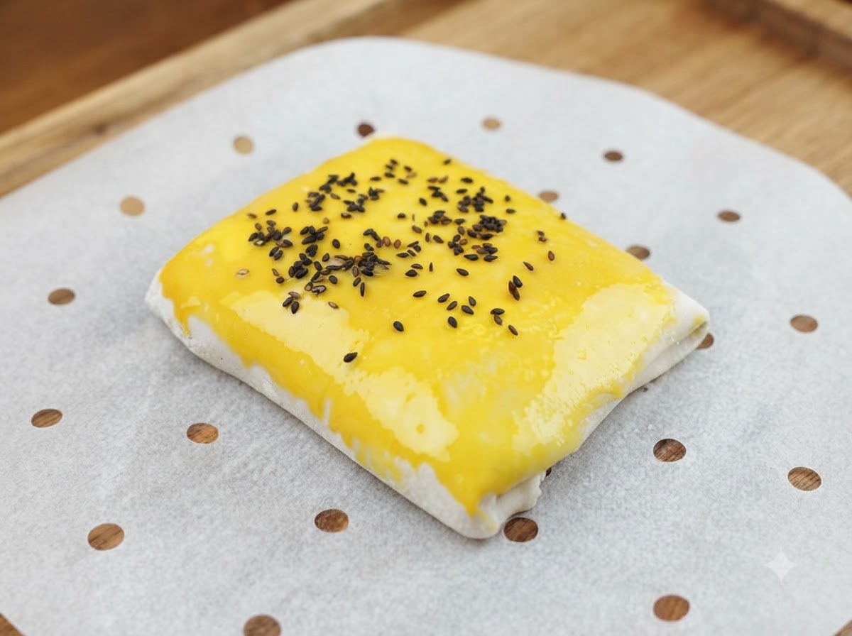 Semi di sesamo nero cosparsi sulla superficie spennellata duovo di un tortino di carne piegato.