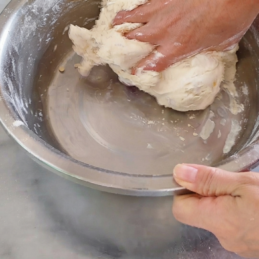 Una mano che impasta attivamente limpasto appiccicoso allinterno di una ciotola di metallo.