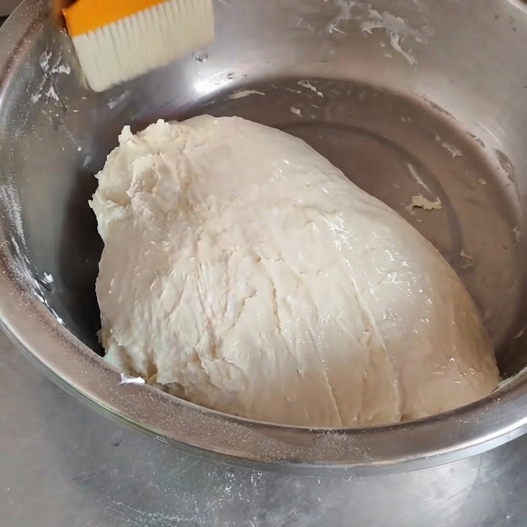Un pennello arancione che applica olio di semi sulla superficie di una palla di impasto liscio in una ciotola di metallo.