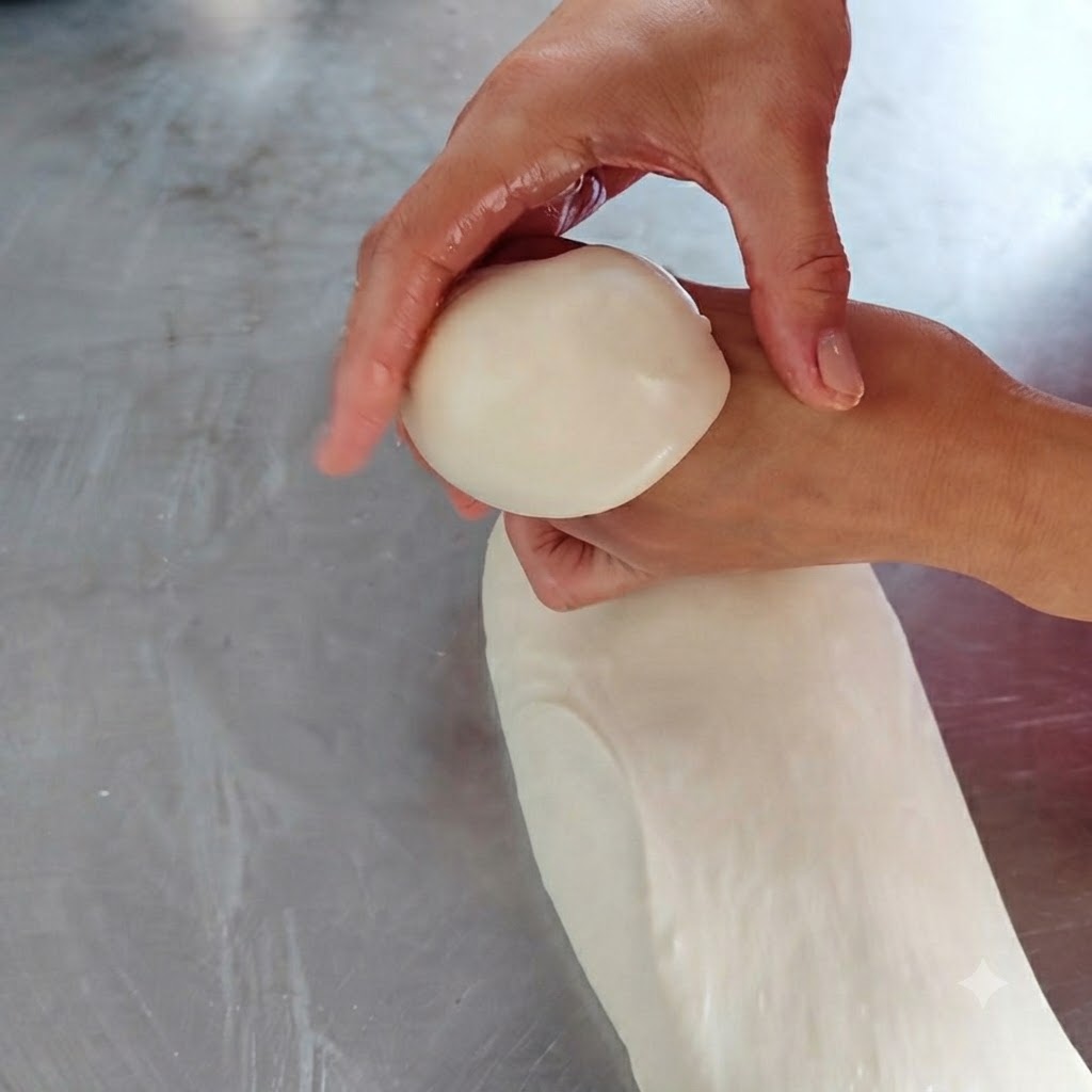 Mani che stringono e modellano un piccolo pezzo rotondo di impasto su un banco di metallo oliato.