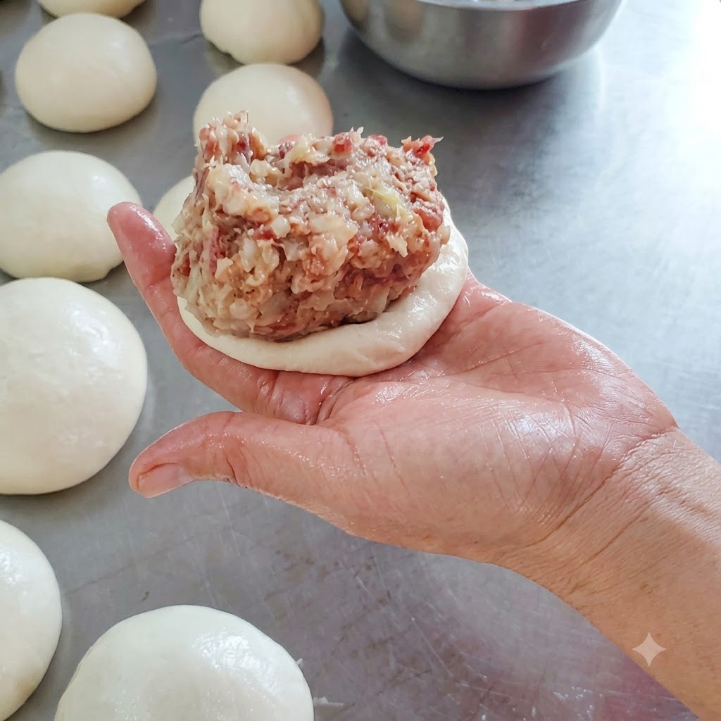Un mucchio generoso di ripieno di carne macinata cruda condita che poggia su un pezzo di impasto appiattito tenuto in mano.