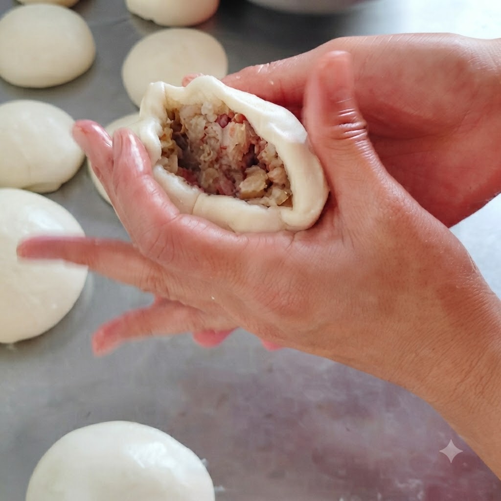 Mani che raccolgono e pizzicano i bordi dellimpasto per racchiudere il ripieno di carne cruda allinterno.
