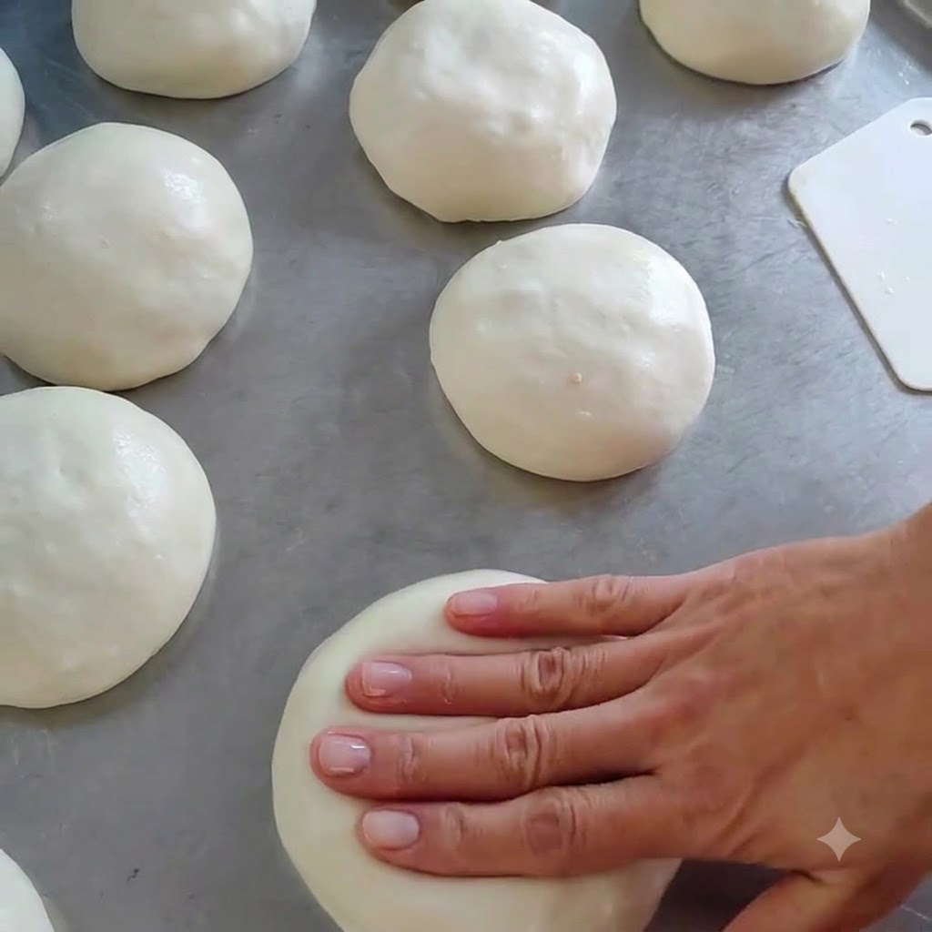 Una mano che appiattisce delicatamente una pallina di impasto ripieno in un disco rotondo sulla superficie in acciaio inossidabile.