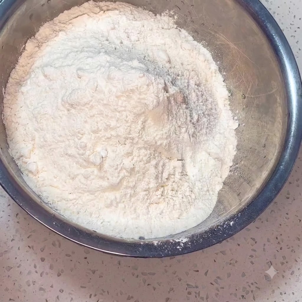 Farina, sale e acqua tiepida combinati allinterno di una ciotola di acciaio inossidabile, mescolati con bacchette di legno.