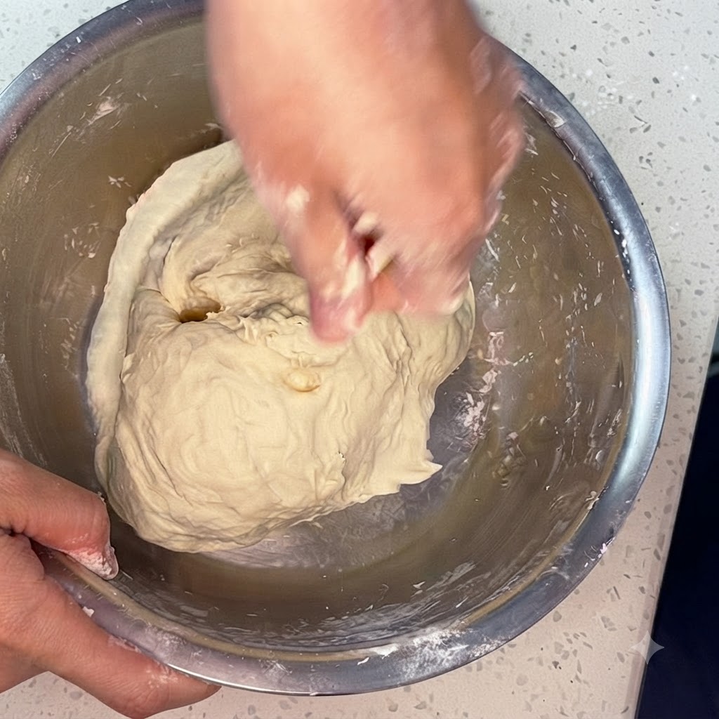 Mani che impastano attivamente limpasto allinterno di una ciotola in acciaio inossidabile.