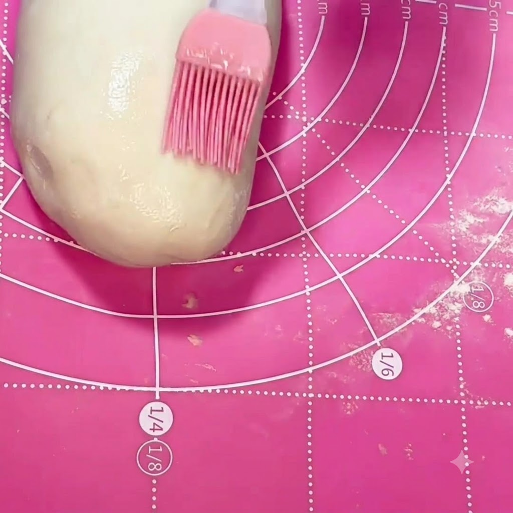 Un pennello in silicone rosa che distribuisce lolio su un rotolo di impasto liscio su un tappetino rosa.