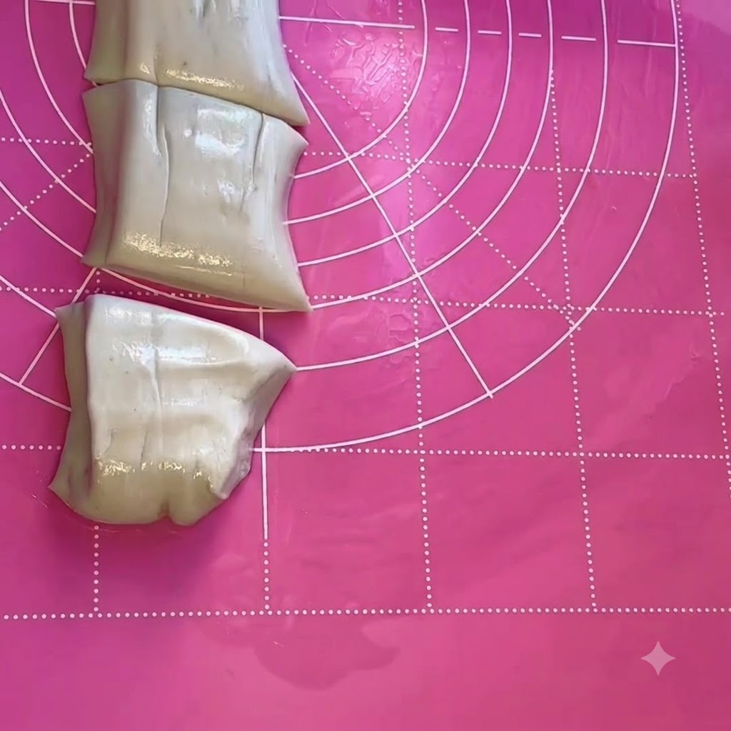 Un rotolo di impasto affettato in più porzioni più piccole su un tappetino di rotolamento rosa.