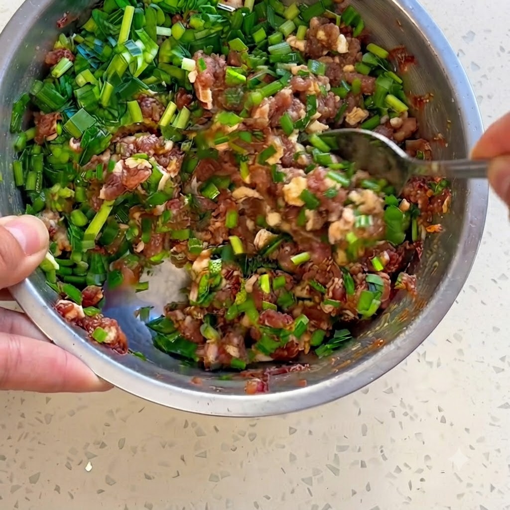 Carne macinata ed erba cipollotica mescolate con condimenti in una ciotola dacciaio usando le bacchette.