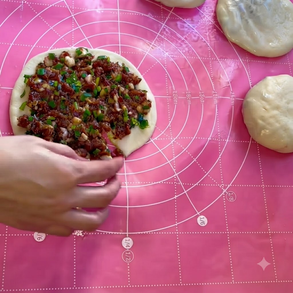Una mano che solleva il bordo tagliato della sfoglia di impasto per iniziare a piegarla sul ripieno di carne.