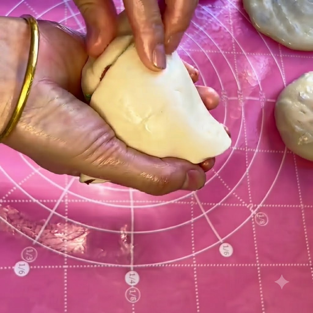 Due mani che pizzicano e sigillano saldamente i bordi di una tasca di impasto piegata per racchiudere saldamente il ripieno di carne.
