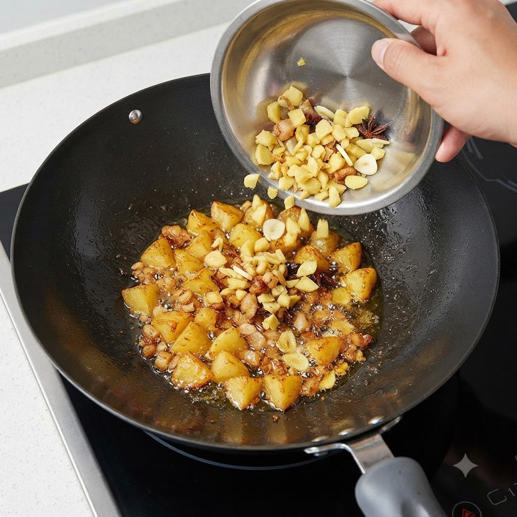 Un wok con grasso di maiale in fusione e zenzero tagliato a dadini versato da una ciotola.