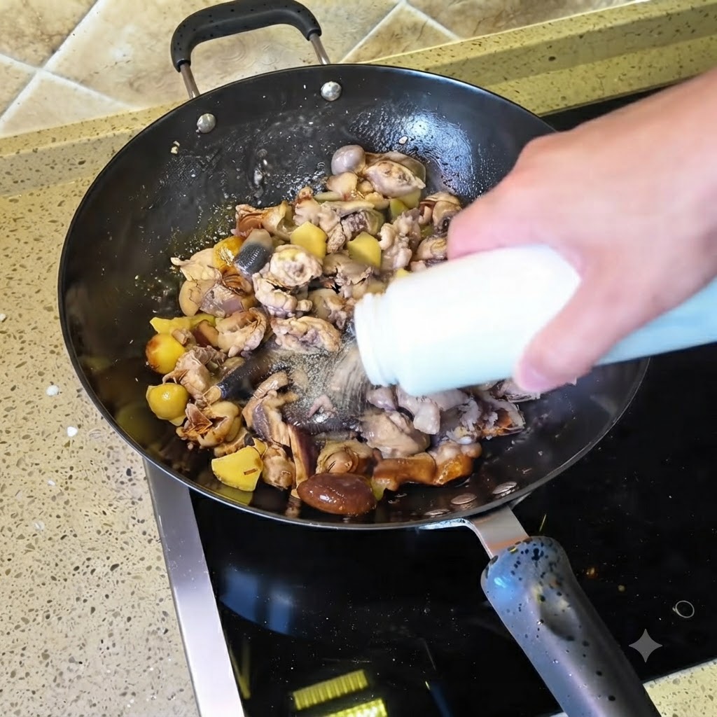 Condimento spruzzato da una bottiglia bianca sul composto di pollo nel wok.