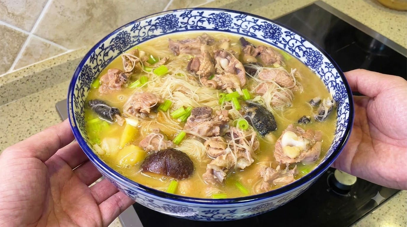Una grande ciotola di zuppa di noodle con pollo e zenzero in un ricco brodo dorato, guarnita con pezzetti di sedano fresco