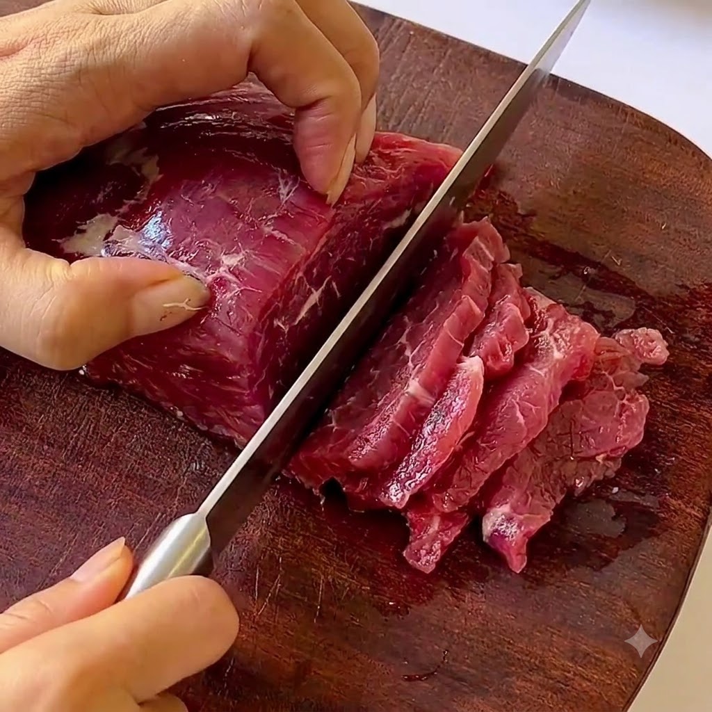 Funghi freschi tagliati a pezzi regolari su un tagliere di legno con un coltello.