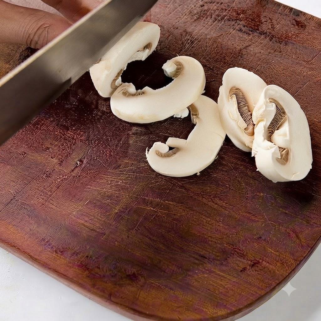 Cipolla rossa tagliata a strisce sottili su un tagliere di legno con un coltello.