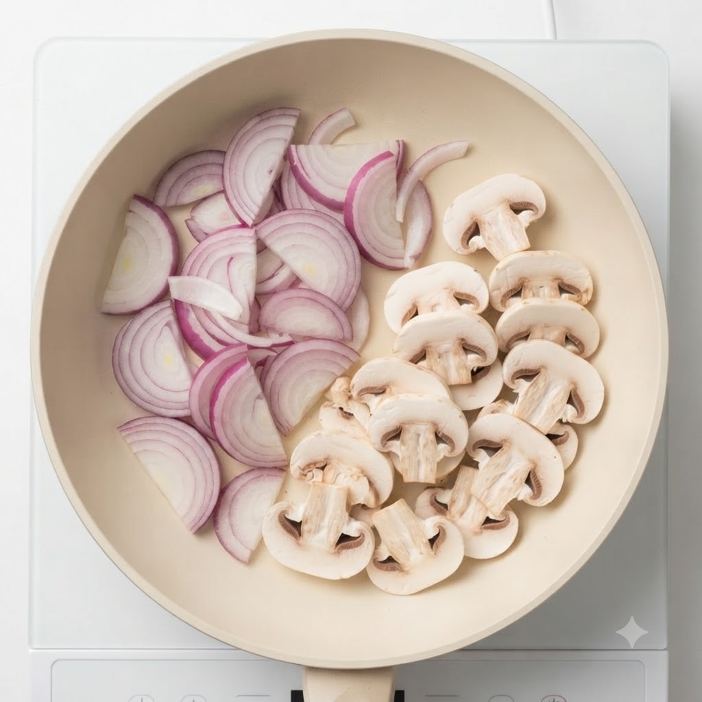 Funghi affettati mescolati con cipolle rosse che cuociono insieme in una padella.