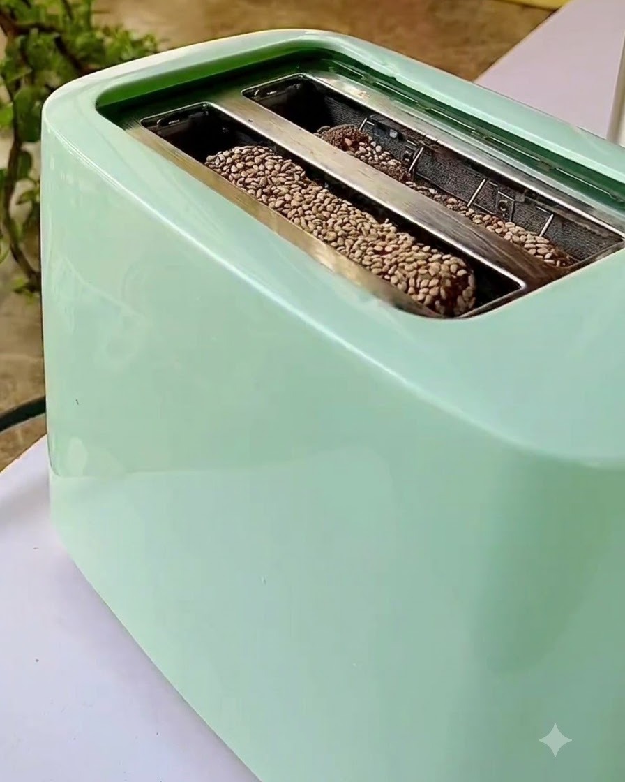 Fette di pane ai cereali inserite nelle fessure di un tostapane verde chiaro.