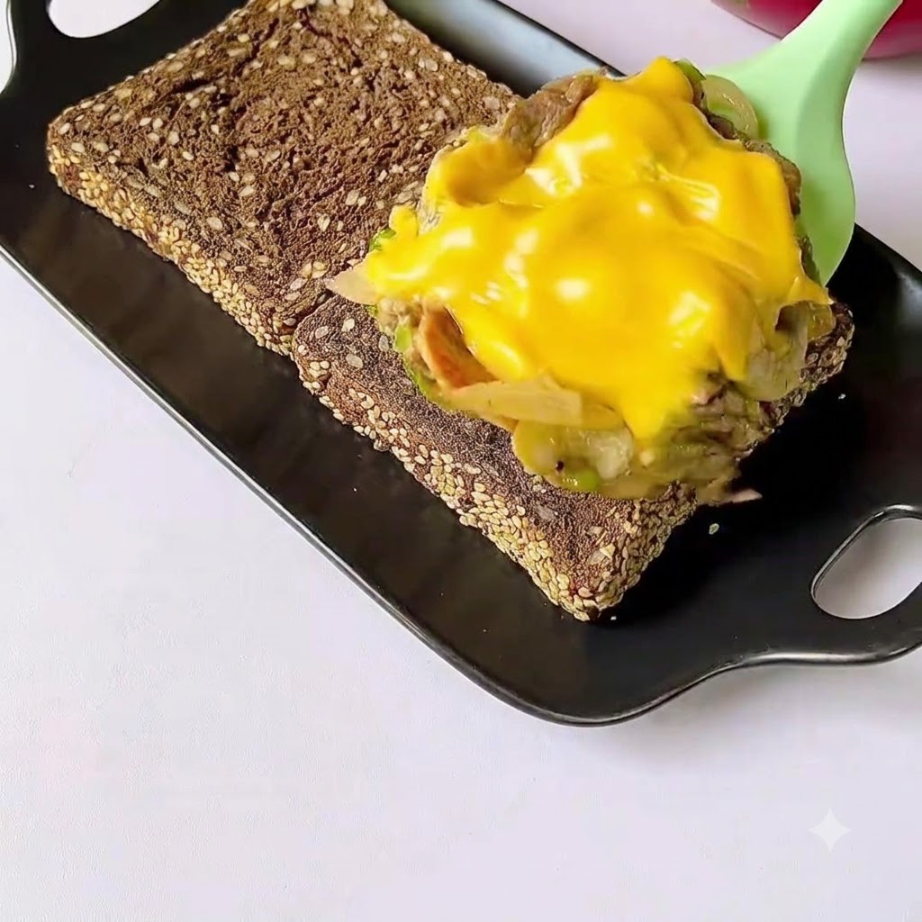 Il composto di manzo cotto e formaggio fuso versato con un cucchiaio sul pane ai cereali tostato su un piatto nero.