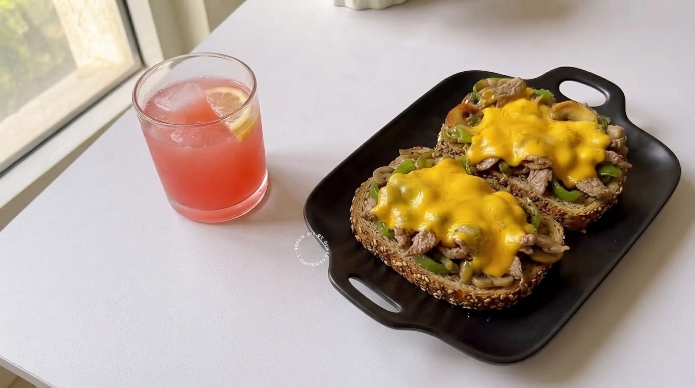 Toast Philly Cheesesteak Aperto con Bevanda Rinfrescante