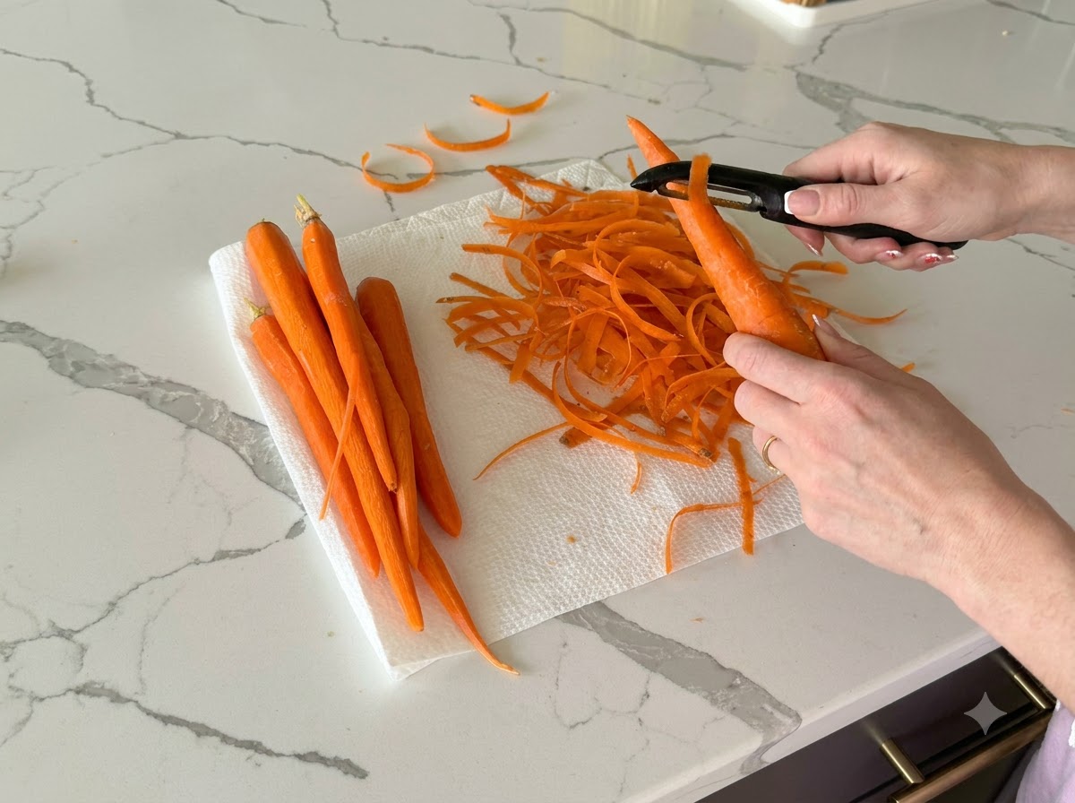 Carote pelate tagliate a cubetti molto piccoli su una postazione da cucina.