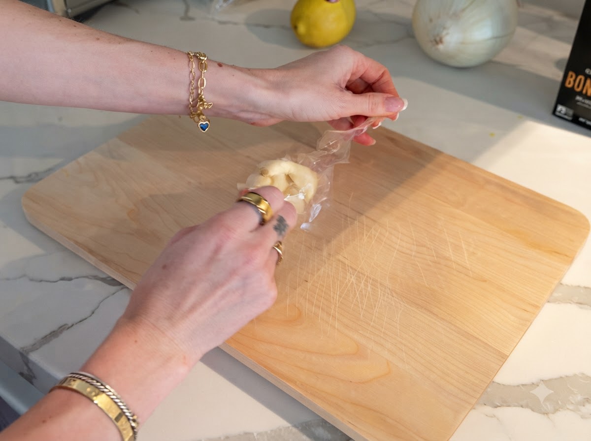 Spicchi daglio pre-pelati scartati e tritati su un tagliere di legno.