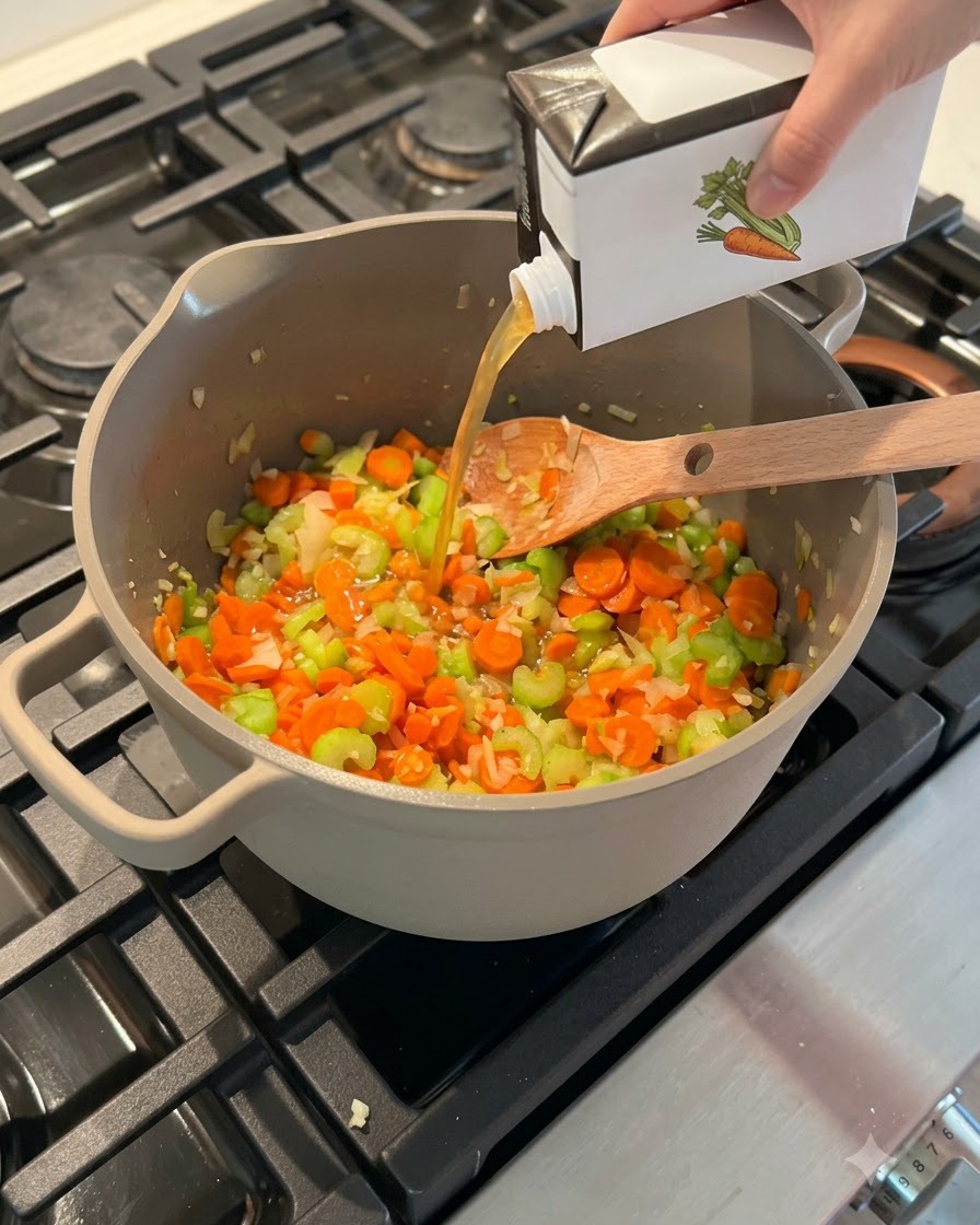 Un cartone di brodo di ossa di pollo versato in una grande pentola grigia piena di carote e sedano tritati.