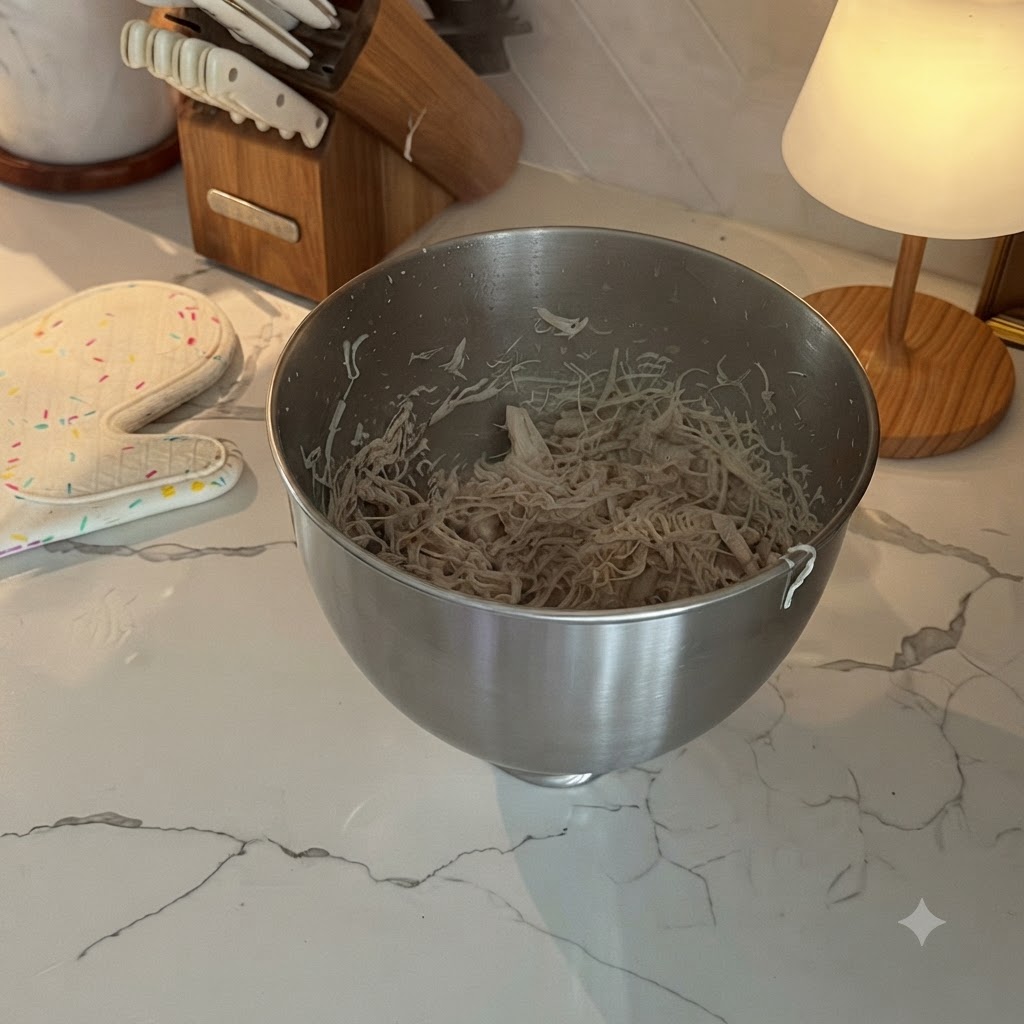 Petti di pollo cotti finemente sfilacciati riposano in una ciotola di miscelazione in acciaio inossidabile su un piano di lavoro in marmo.