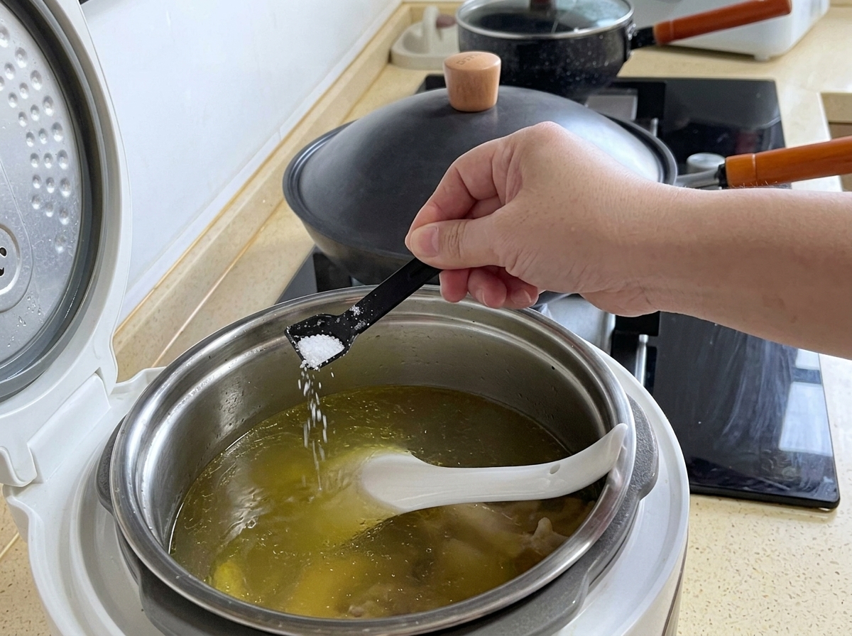 Un piccolo cucchiaio misuratore nero che aggiunge sale in una pentola fumante di zuppa di pollo cotta.