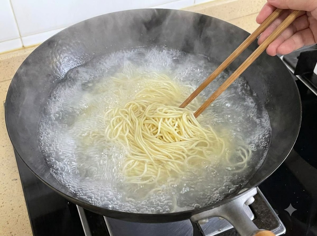 Bacchette di legno che mescolano noodle sottili in ebollizione in un grande wok nero pieno di acqua bollente.
