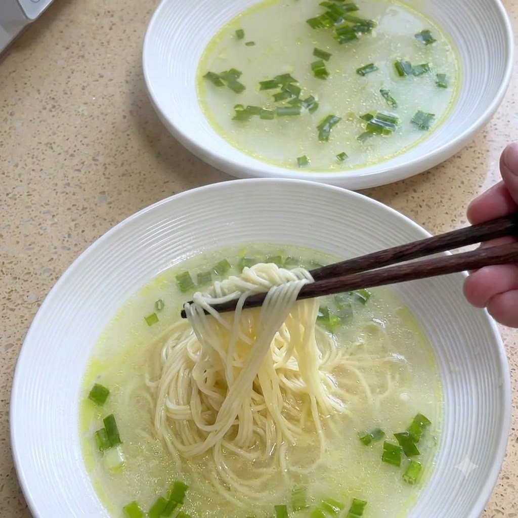 Bacchette che sollevano i noodle cotti e li mettono in una ciotola di brodo di pollo.
