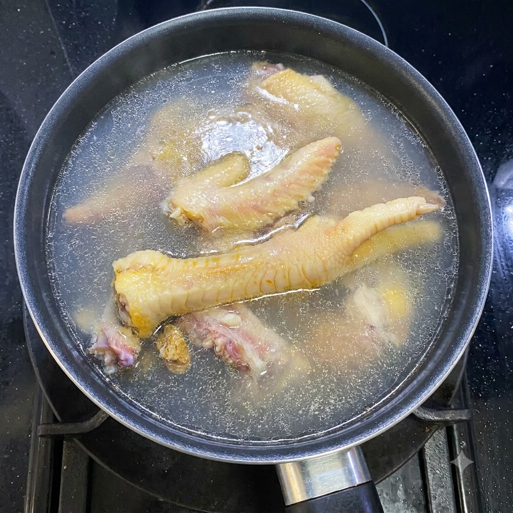 Pollo e zenzero che bollono insieme in una pentola dacqua su un fornello.