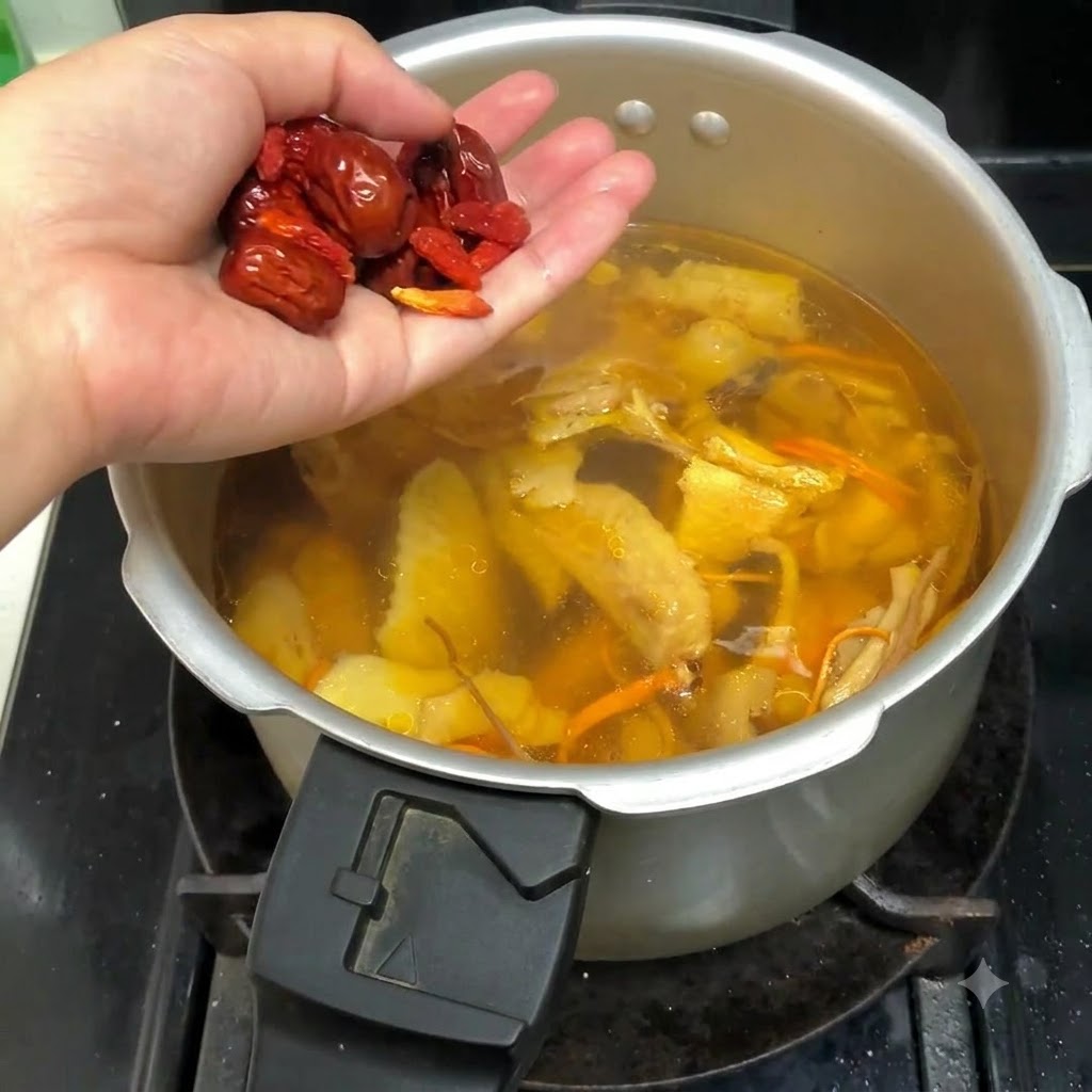 Una manciata di datteri rossi e bacche di goji aggiunti nella pentola a pressione con il brodo di pollo.