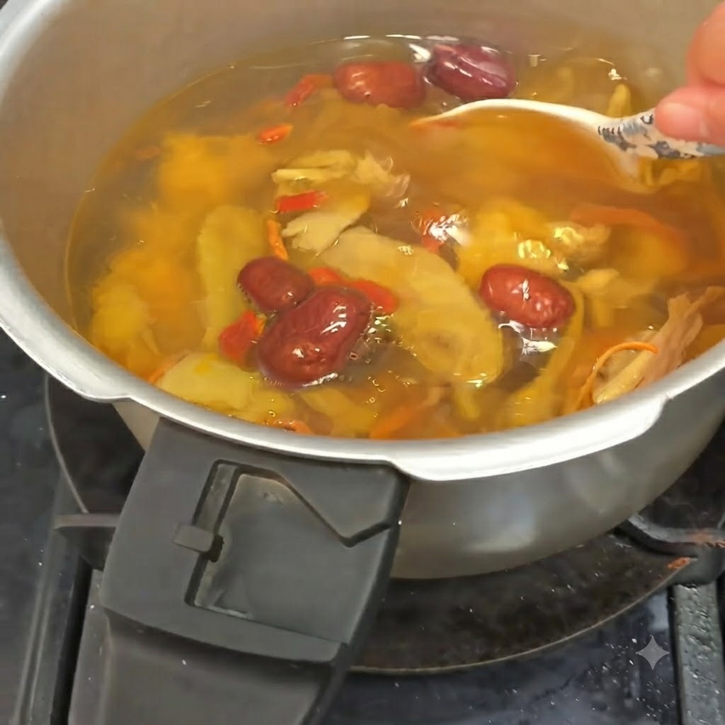 Un mestolo bianco che mescola la zuppa di pollo frizzante piena di funghi, datteri ed erbe.