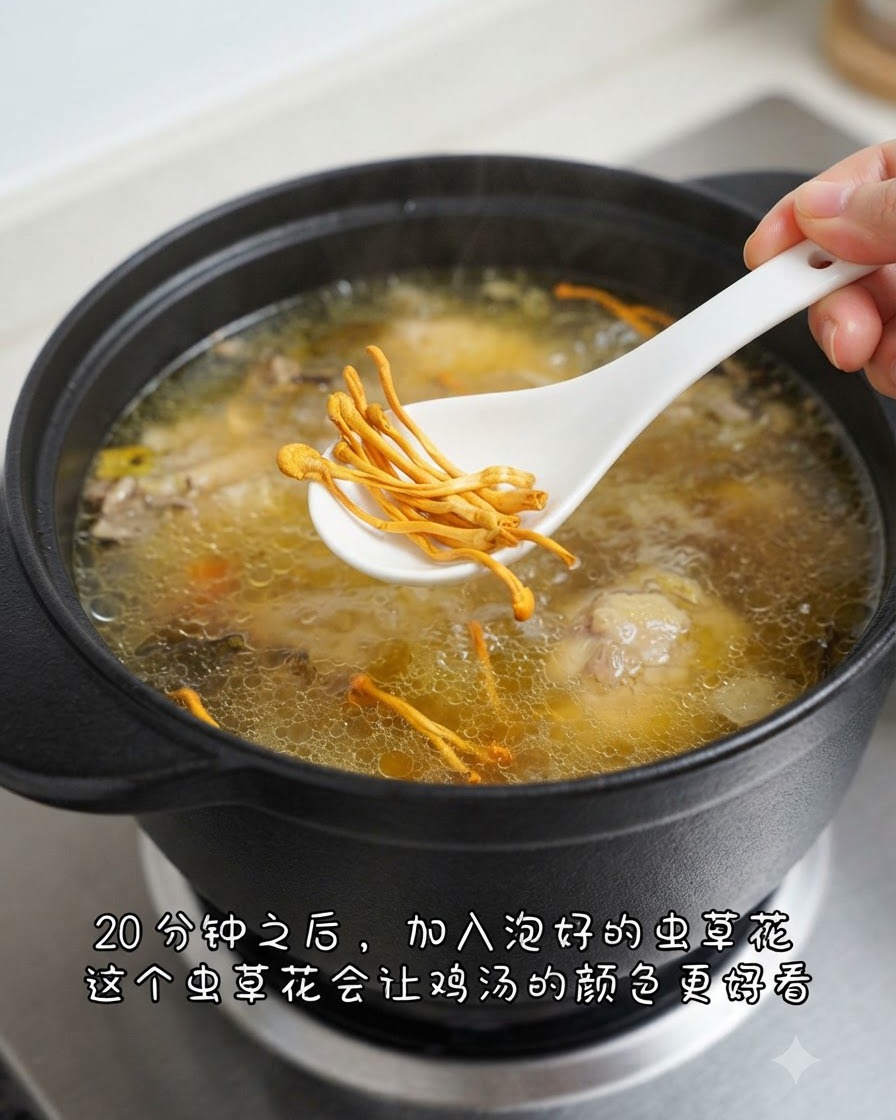 Un cucchiaio bianco che tiene fiori di cordyceps arancioni abbassati sopra una pentola di zuppa di pollo ribollente.