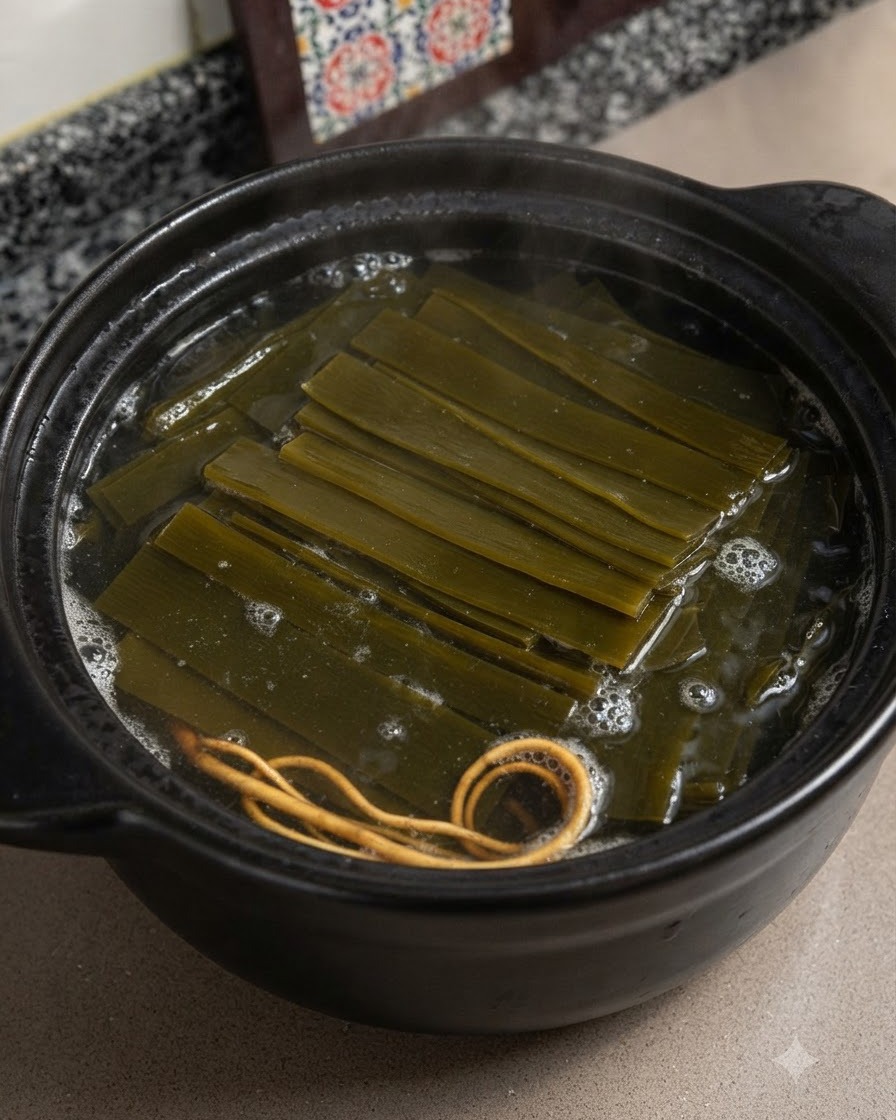 Un mettolino che mescola il brodo caldo contenente kelp affettato, fiori di cordyceps e pollo allinterno della pentola di terracotta.