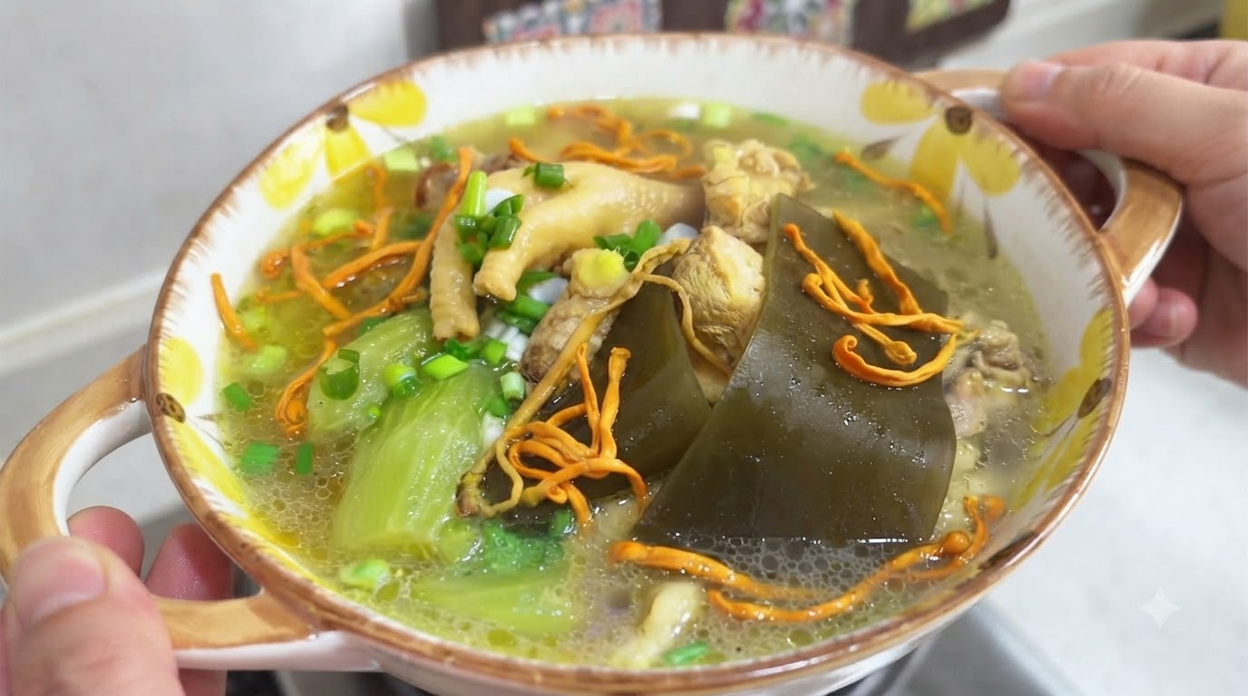 Zuppa di Pollo Tradizionale con Alghe Kelp e Celtuce
