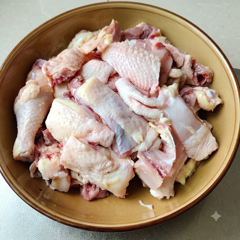 Pezzi di pollo crudo tagliati disposti allinterno di una ciotola marrone.