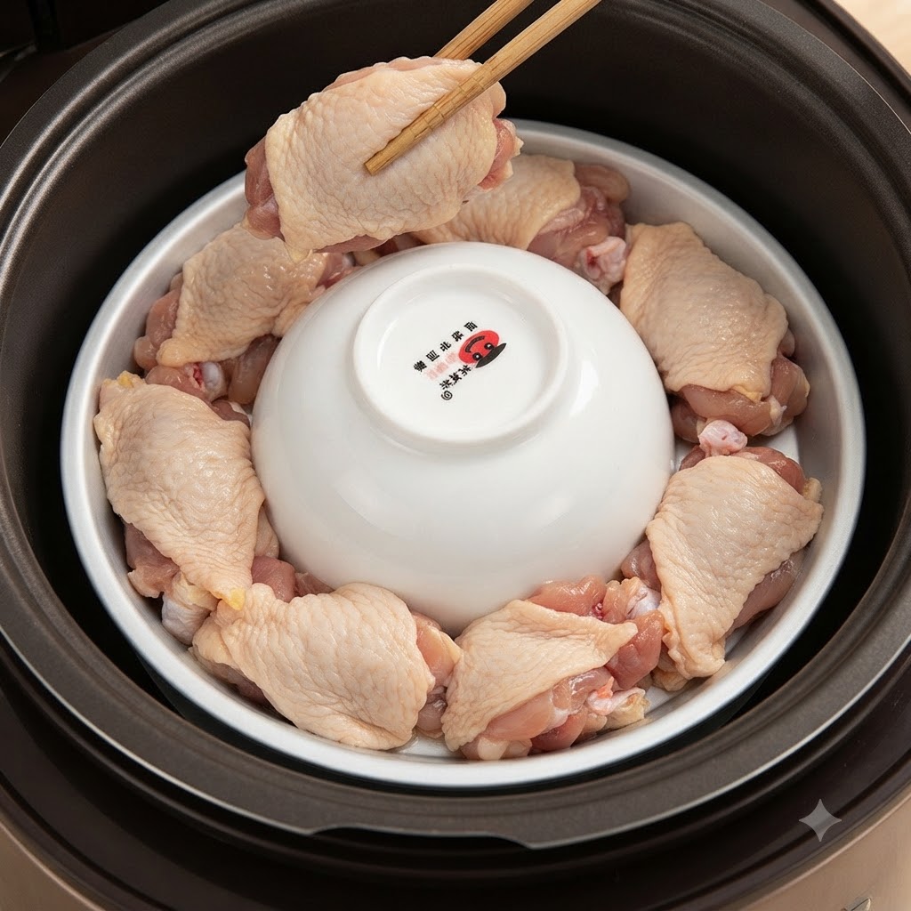 Pezzi di pollo disposti con le bacchette intorno alla ciotola capovolta allinterno della pentola.