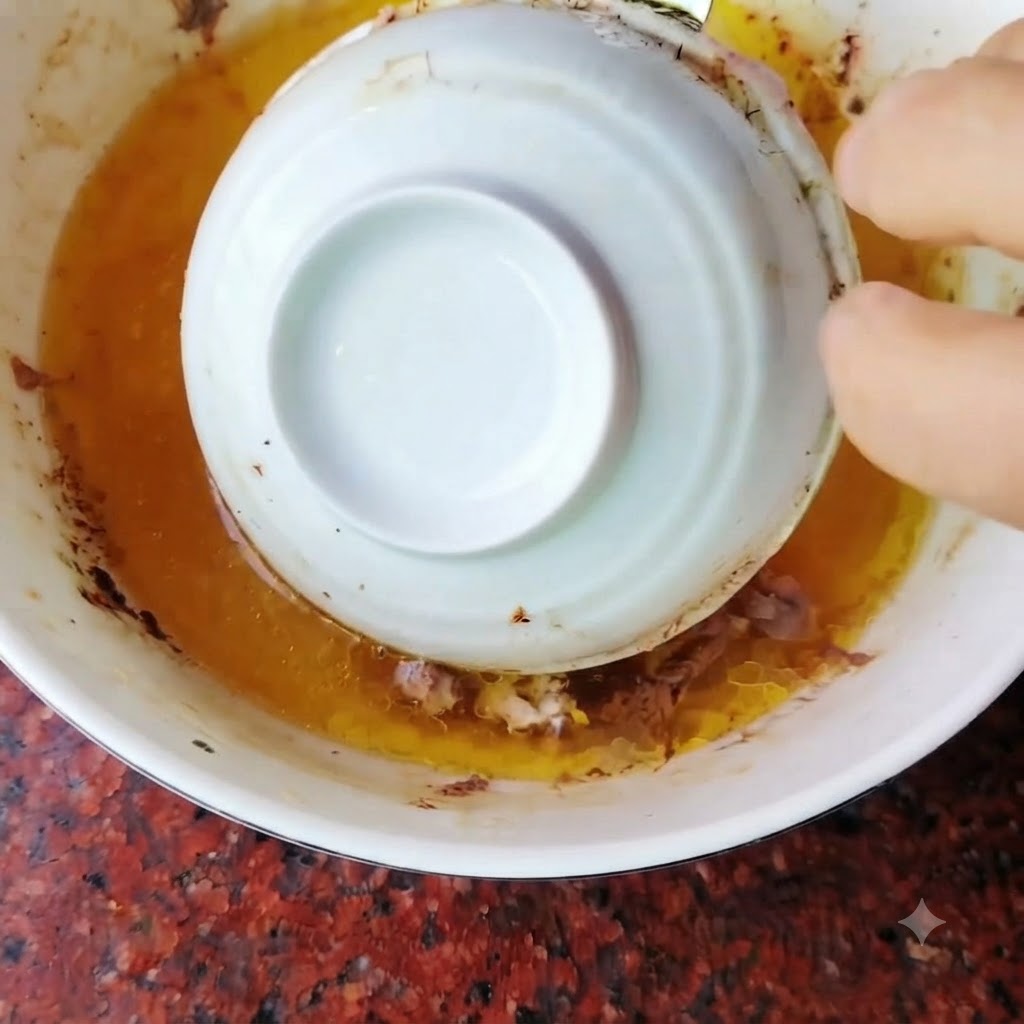 Una piccola ciotola bianca capovolta sollevata da una ciotola più grande, che rilascia lessenza di pollo dorata nel liquido circostante.