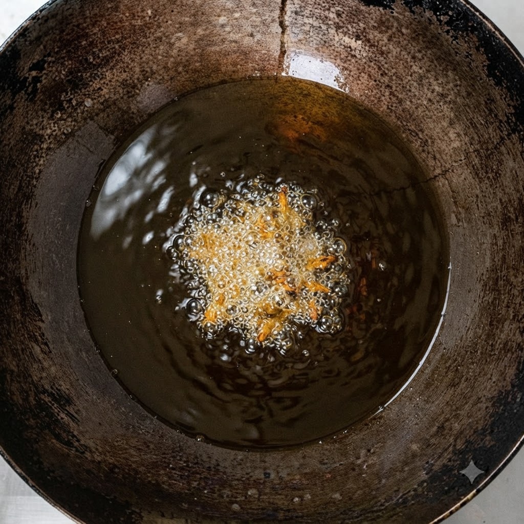 Fette di zenzero che sfrigolano in olio caldo dentro un wok.